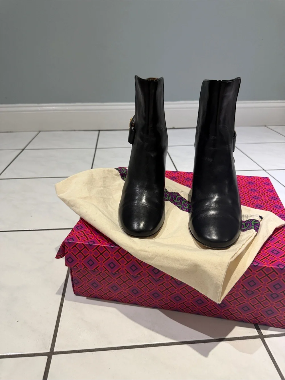 Tory Burch Black Leather Mid-Calf Heeled Boots with Logo Accent